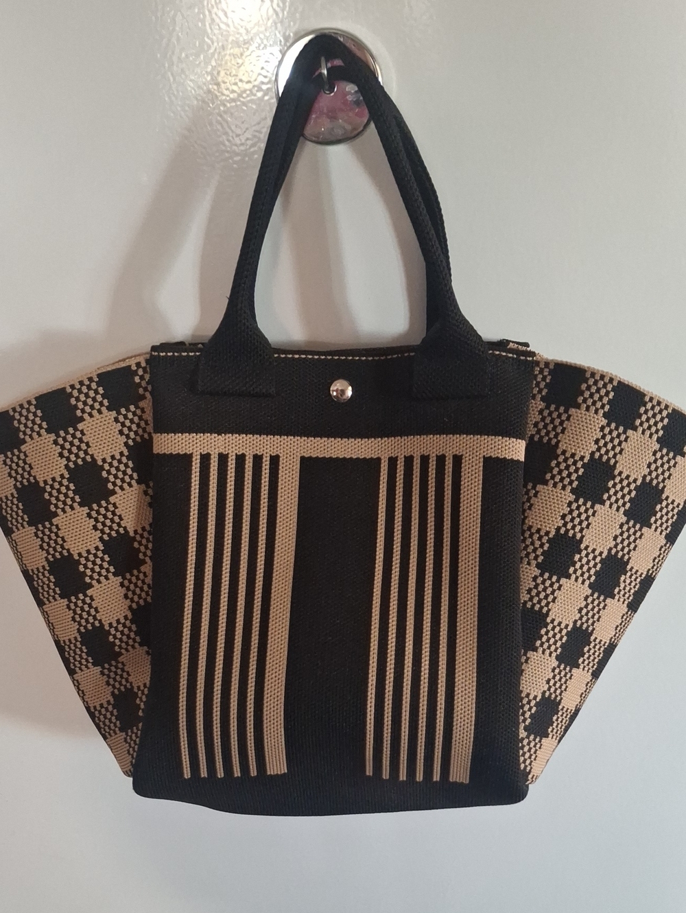 Canvas Tote Bag in Black and Tan - Chic Striped & Checked Design